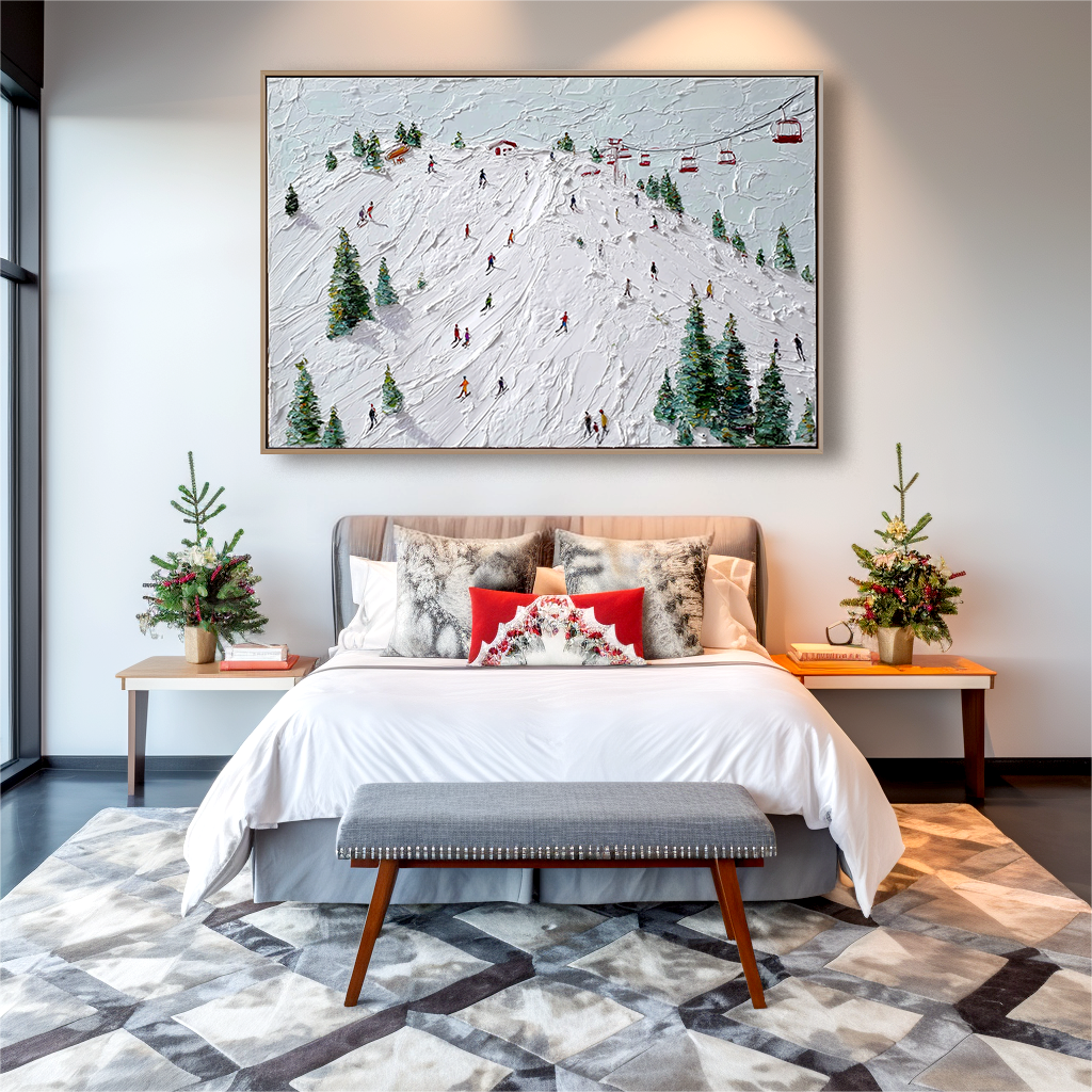Summit Rush - Ski Resort Oil Painting on Textured Canvas, Winter Sports Alpine Wall Art