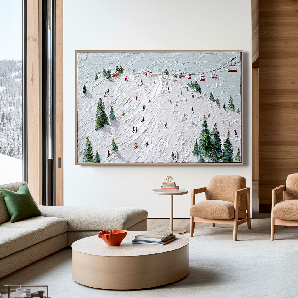 Summit Rush - Ski Resort Oil Painting on Textured Canvas, Winter Sports Alpine Wall Art