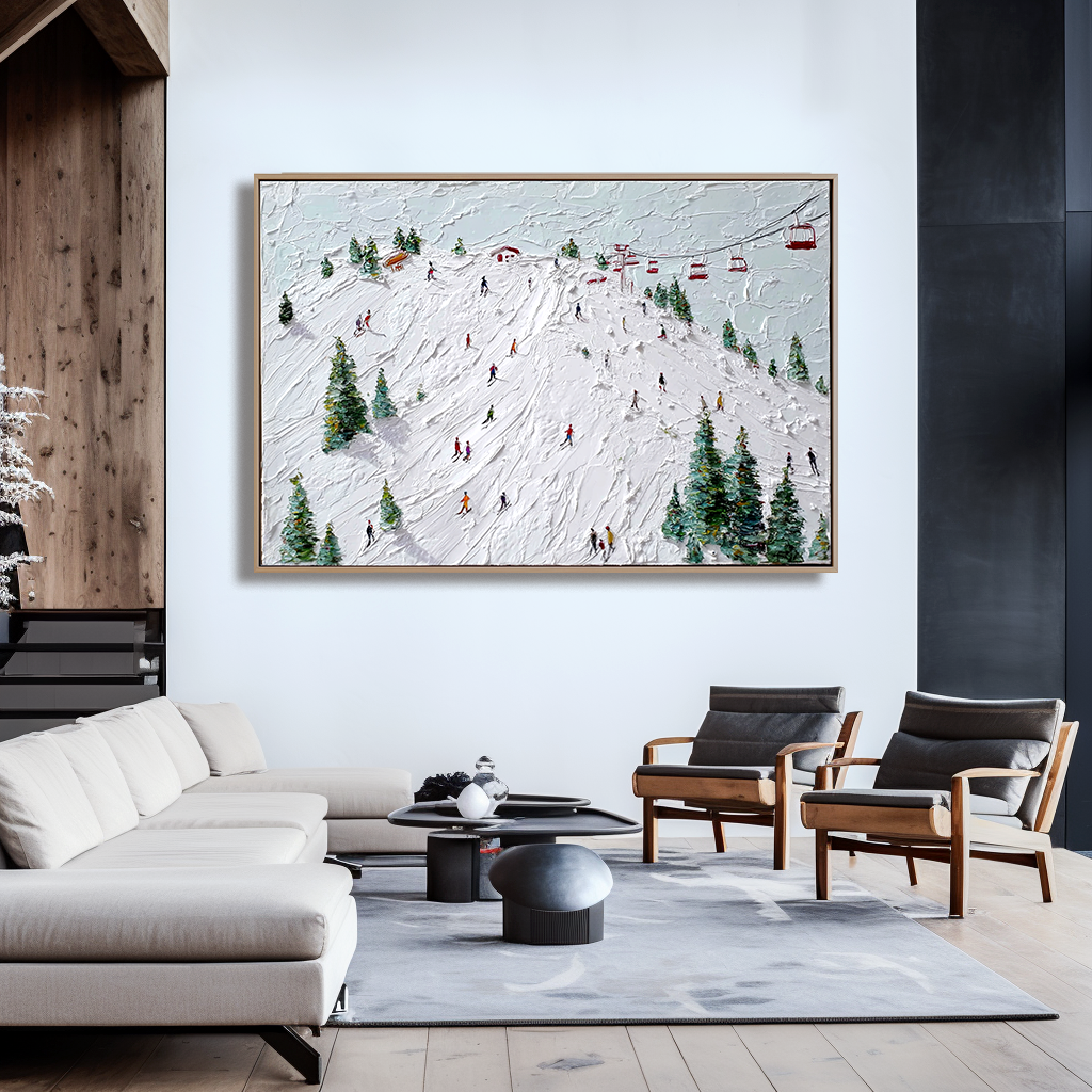Summit Rush - Ski Resort Oil Painting on Textured Canvas, Winter Sports Alpine Wall Art