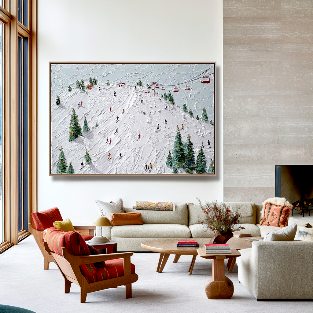 Summit Rush - Ski Resort Oil Painting on Textured Canvas, Winter Sports Alpine Wall Art