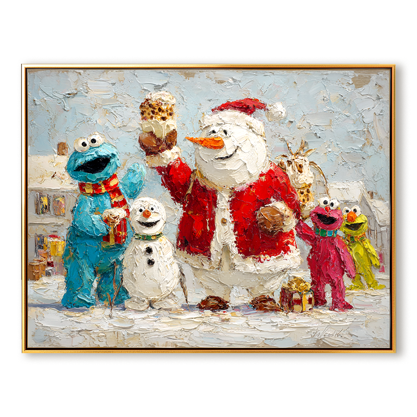 Winter Cheer Parade – Whimsical Snowman and Friends Textured Oil Painting