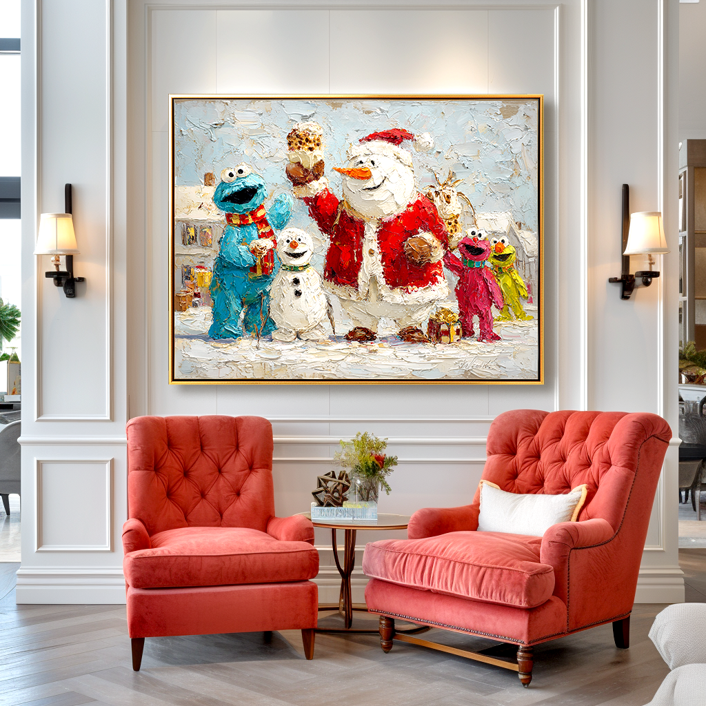 Winter Cheer Parade – Whimsical Snowman and Friends Textured Oil Painting