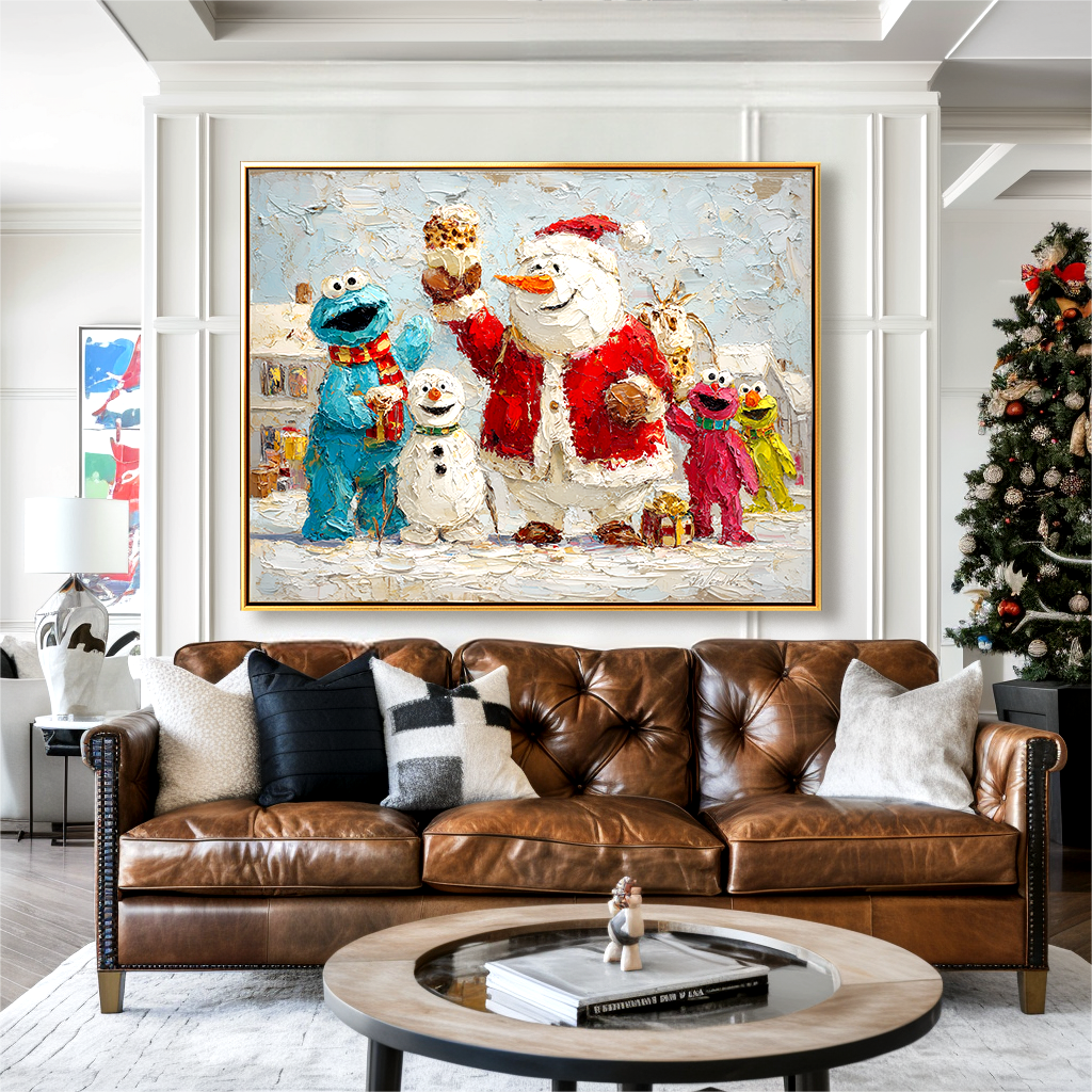 Winter Cheer Parade – Whimsical Snowman and Friends Textured Oil Painting