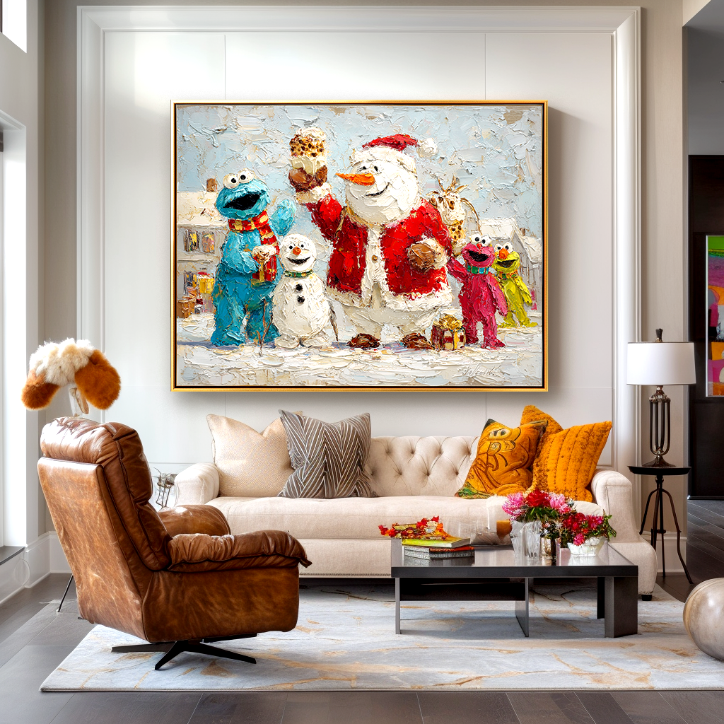 Winter Cheer Parade – Whimsical Snowman and Friends Textured Oil Painting