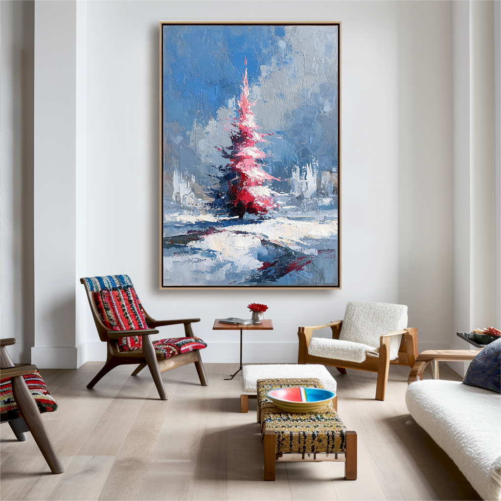 Winter Ember - Textured Abstract Christmas Tree Oil Painting on Canvas