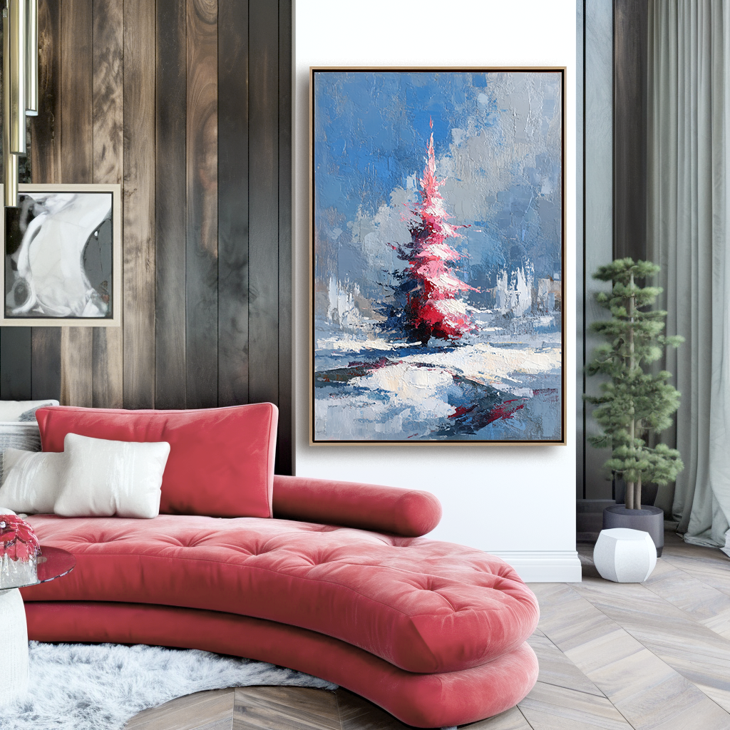 Winter Ember - Textured Abstract Christmas Tree Oil Painting on Canvas