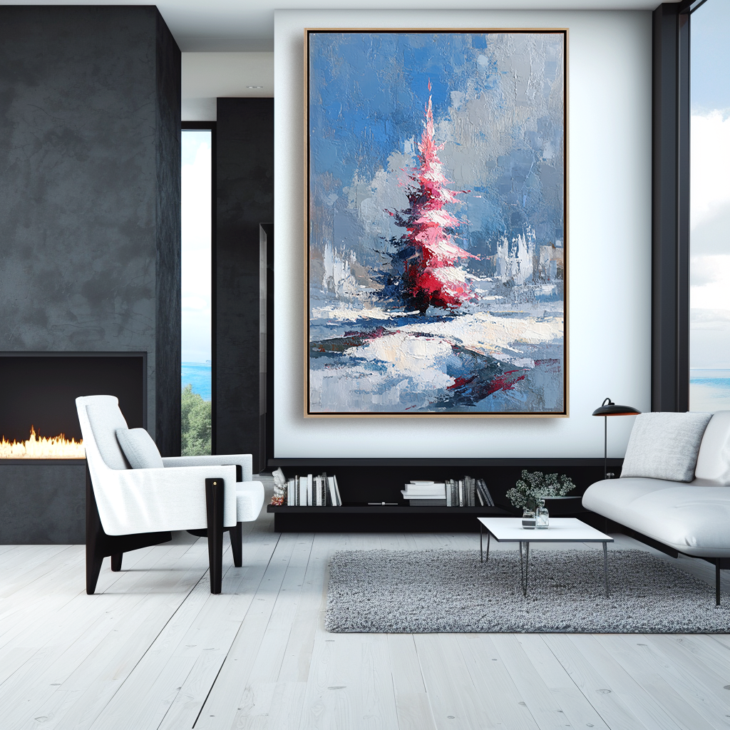 Winter Ember - Textured Abstract Christmas Tree Oil Painting on Canvas