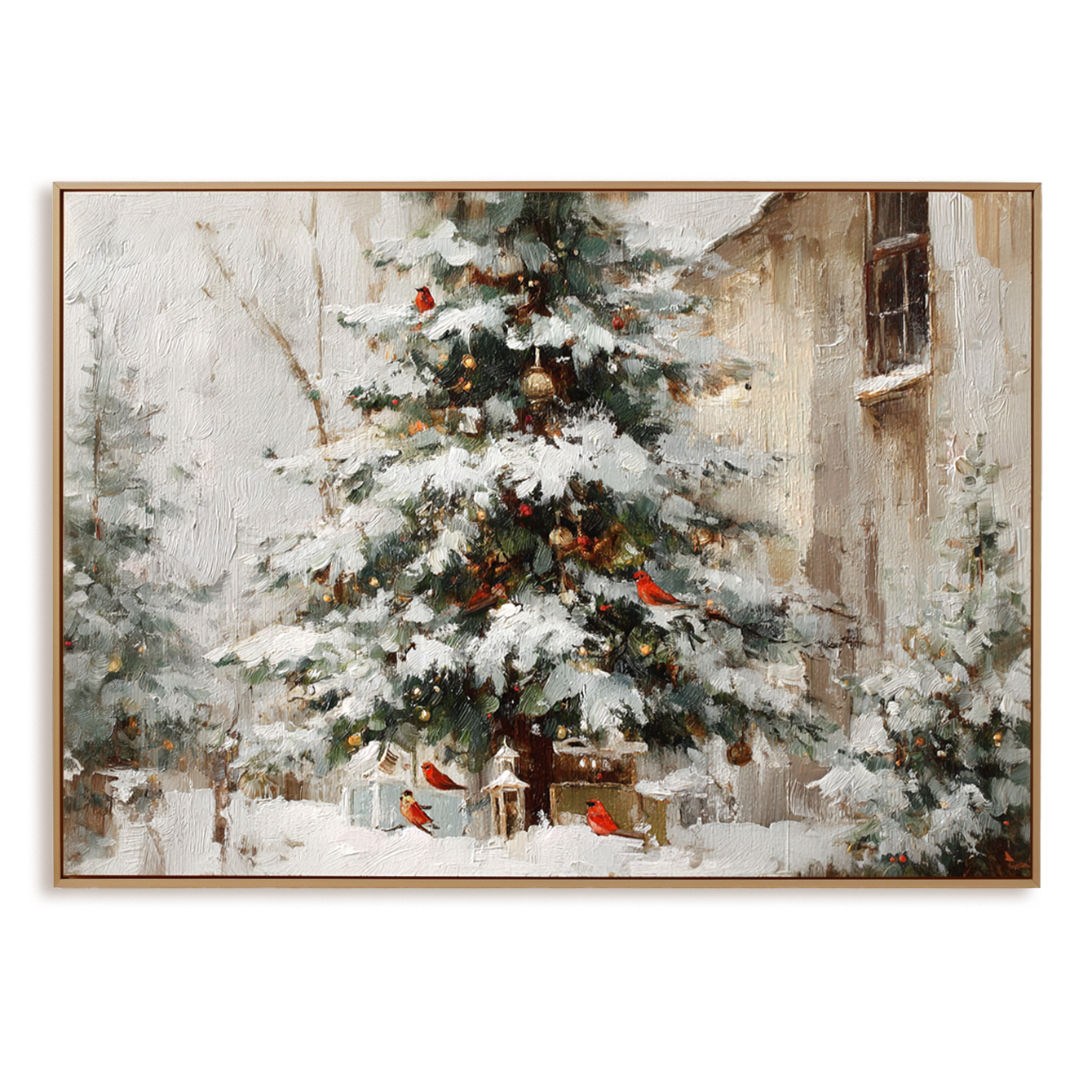 Winter Serenade - Christmas Tree Oil Painting with Cardinals, Snowy Holiday Canvas Wall Art