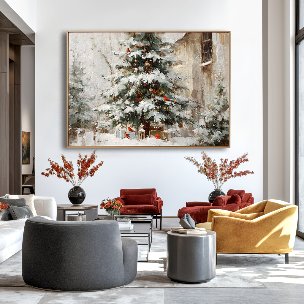 Winter Serenade - Christmas Tree Oil Painting with Cardinals, Snowy Holiday Canvas Wall Art