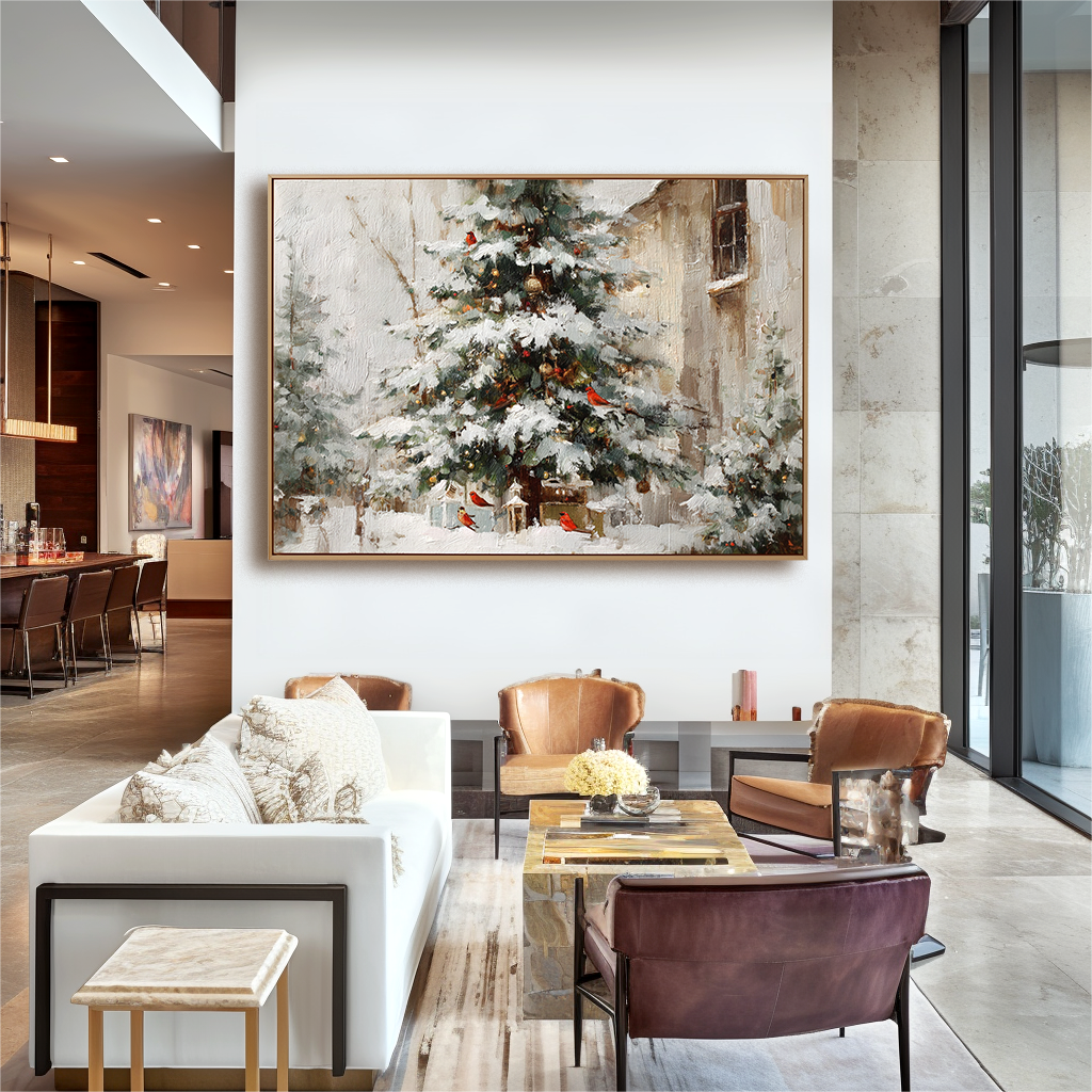 Winter Serenade - Christmas Tree Oil Painting with Cardinals, Snowy Holiday Canvas Wall Art