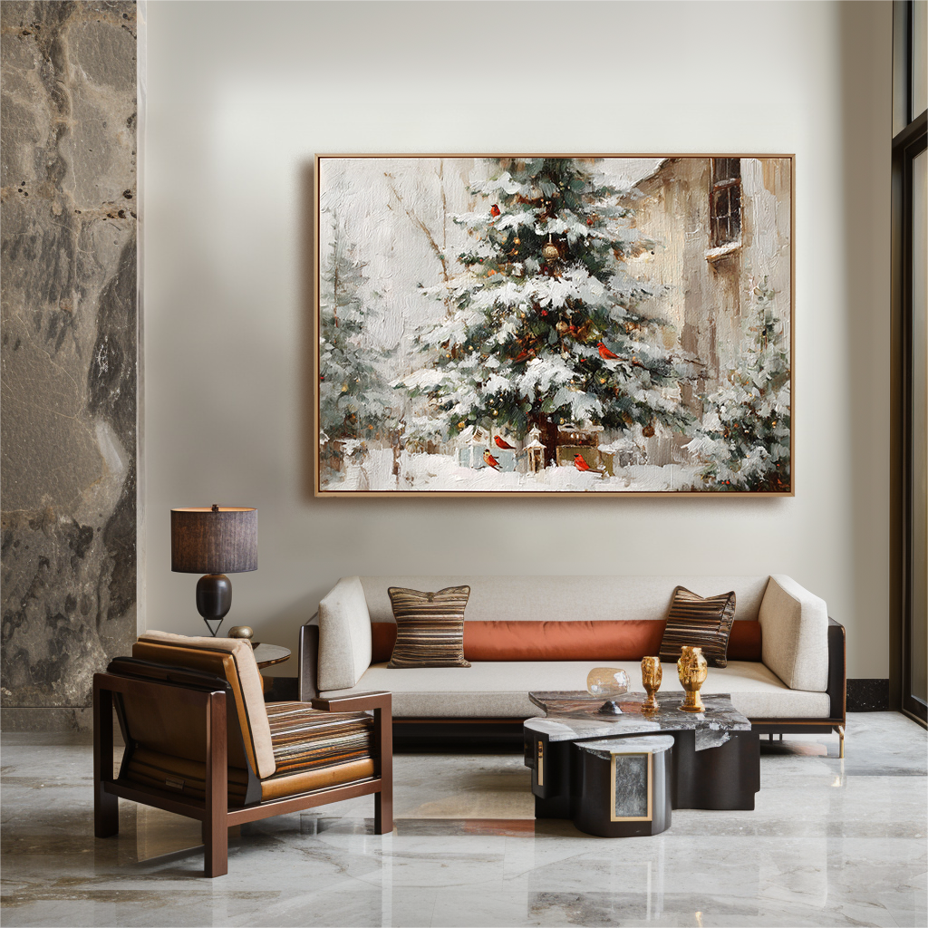 Winter Serenade - Christmas Tree Oil Painting with Cardinals, Snowy Holiday Canvas Wall Art