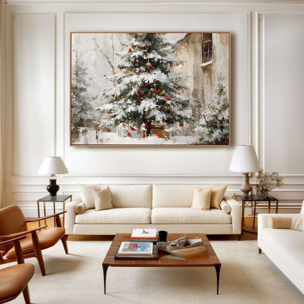 Winter Serenade - Christmas Tree Oil Painting with Cardinals, Snowy Holiday Canvas Wall Art