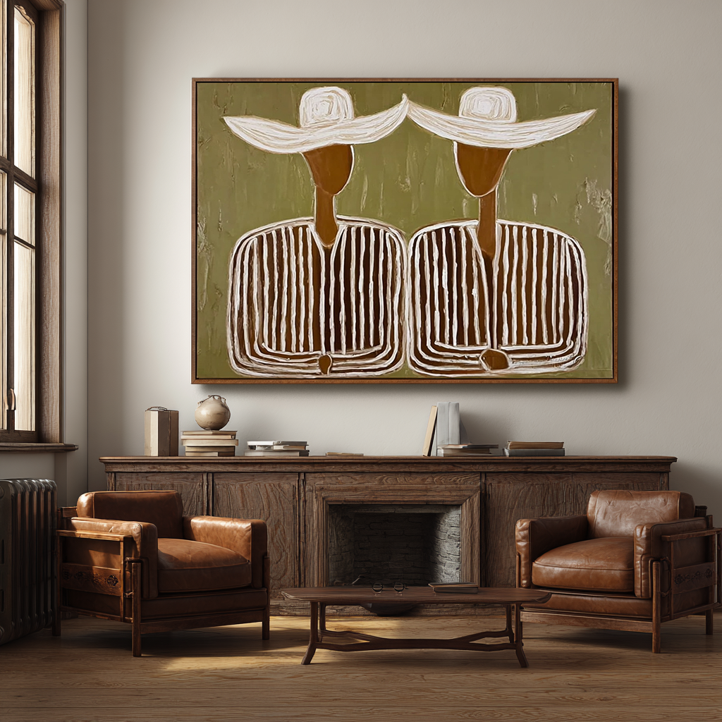Harmonious Companions – Hand-Painted Oil Painting, Olive Green Wall Art