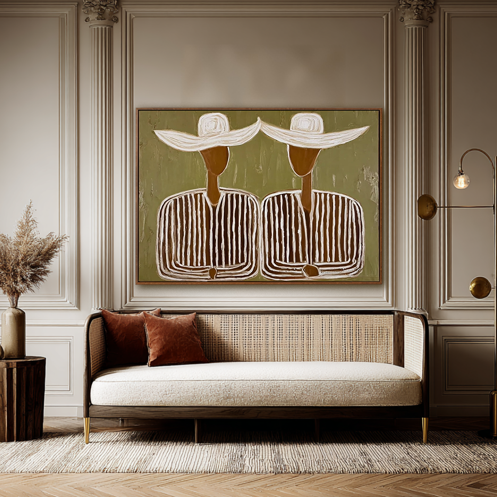 Harmonious Companions – Hand-Painted Oil Painting, Olive Green Wall Art