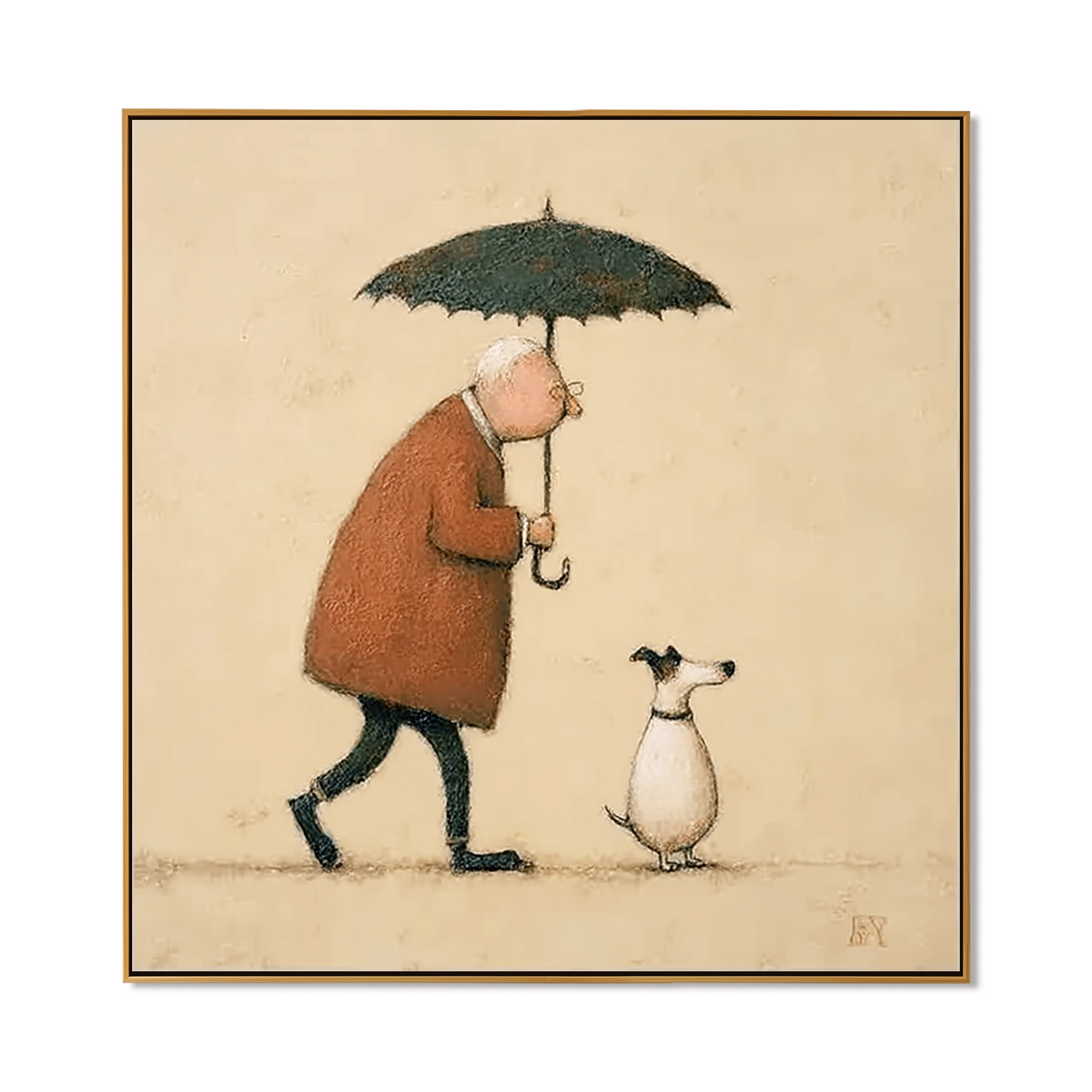 Gentle Rain Companion – Minimalist Human and Dog Wall Art