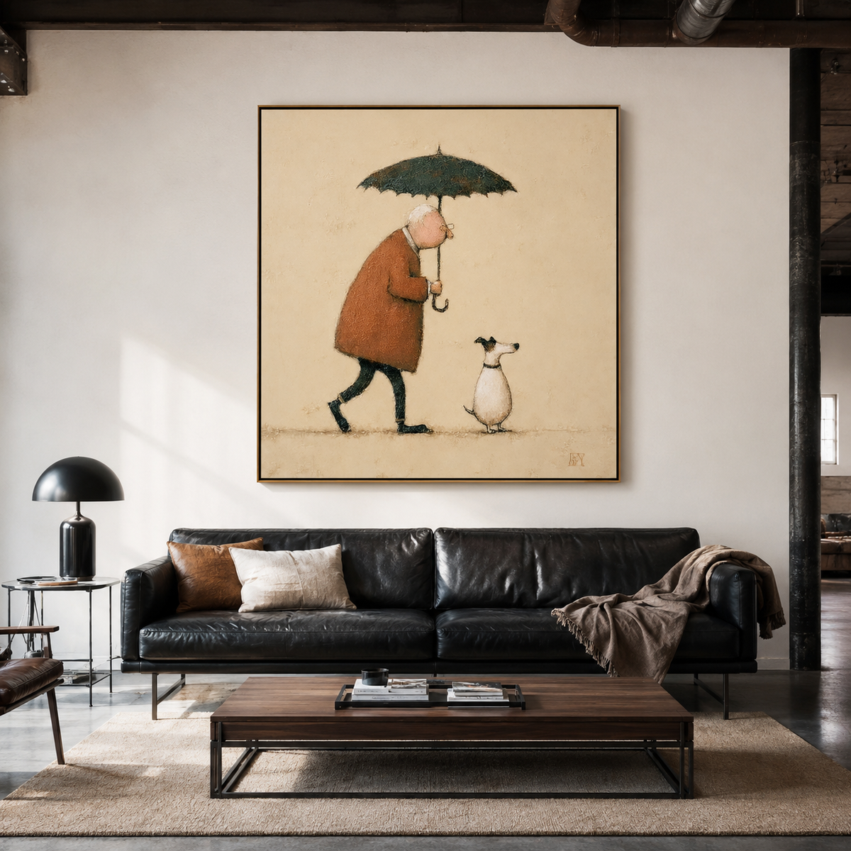Gentle Rain Companion – Minimalist Human and Dog Wall Art