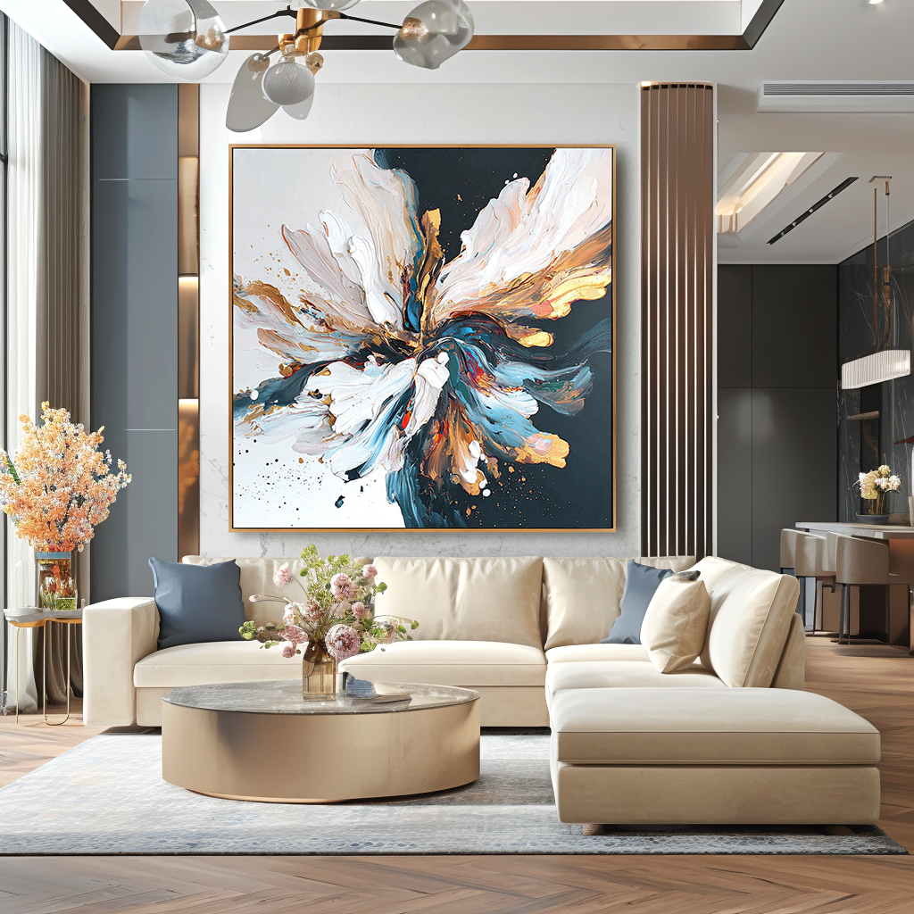 Golden Motion Bloom – Hand-Painted Abstract Floral Wall Art with Bold Texture for Modern Home Decor