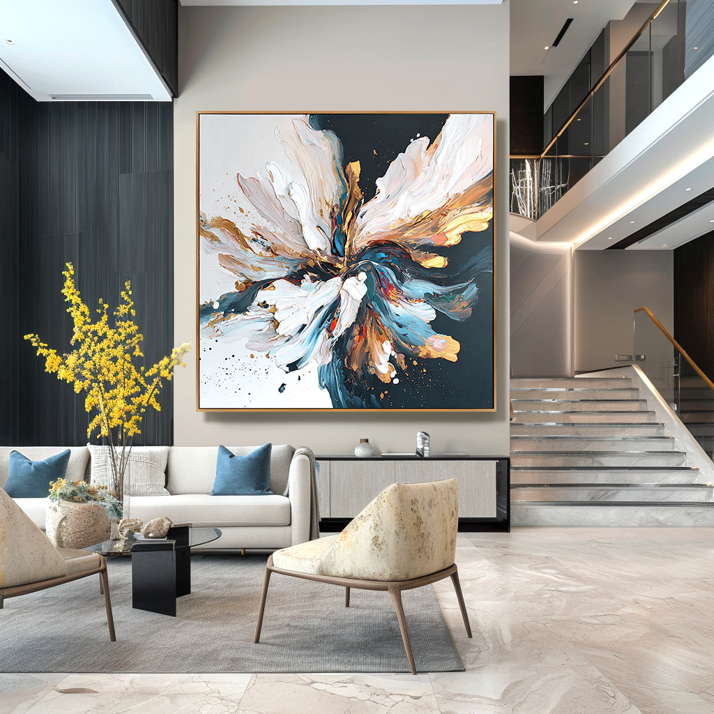 Golden Motion Bloom – Hand-Painted Abstract Floral Wall Art with Bold Texture for Modern Home Decor