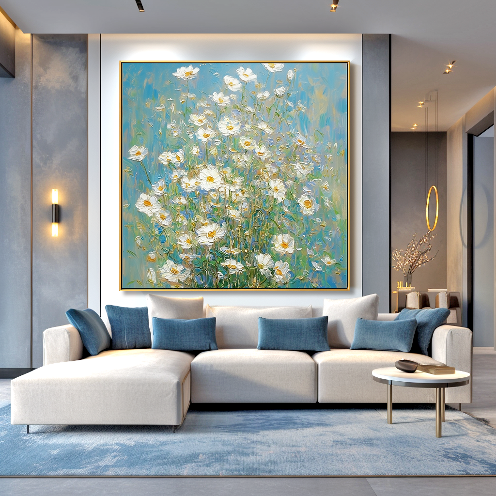 Blue Meadow Bloom – Textured Floral Wall Art, Hand-Painted White Flower Canvas for Modern Home Decor