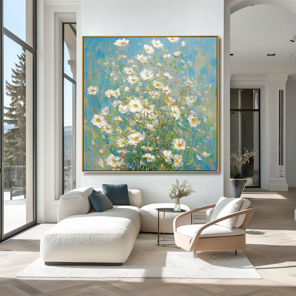 Blue Meadow Bloom โ Textured Floral Wall Art, Hand-Painted White Flower Canvas for Modern Home Decor