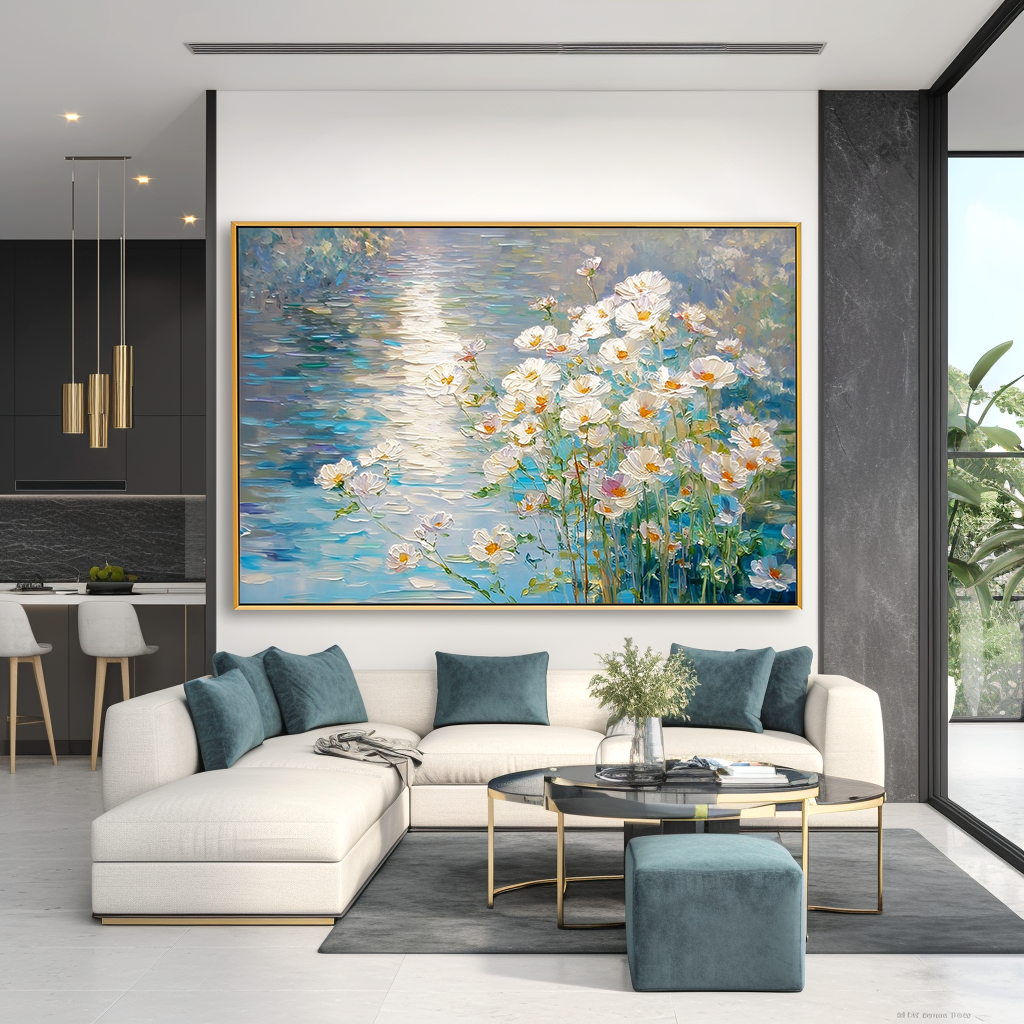 Luminous Meadow โ Textured Floral Landscape Wall Art, Hand-Painted White Flower Canvas