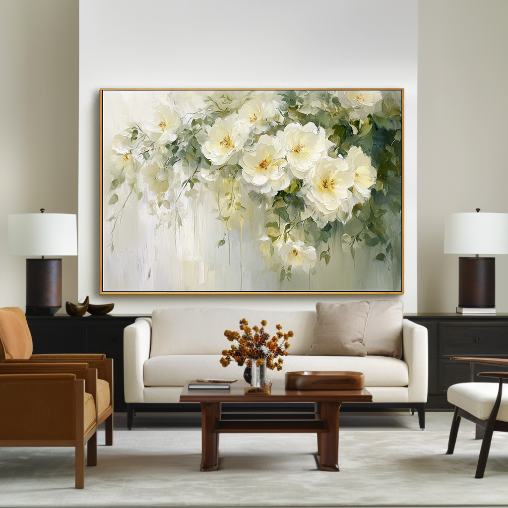 Serenity in Bloom – Hand-Painted White Floral Canvas Art