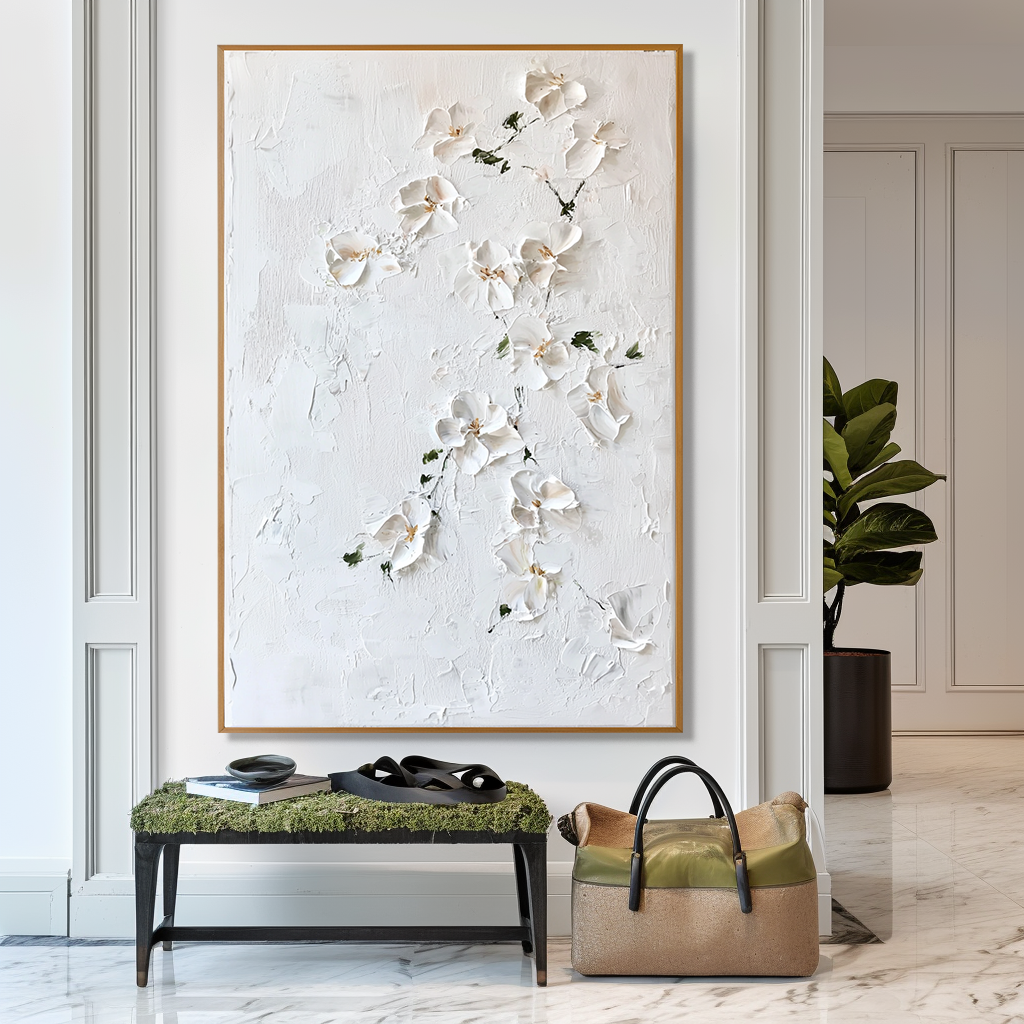 Silent Blossom โ Textured Floral Wall Art, Hand-Painted White Flower Canvas for Minimalist Home Decor