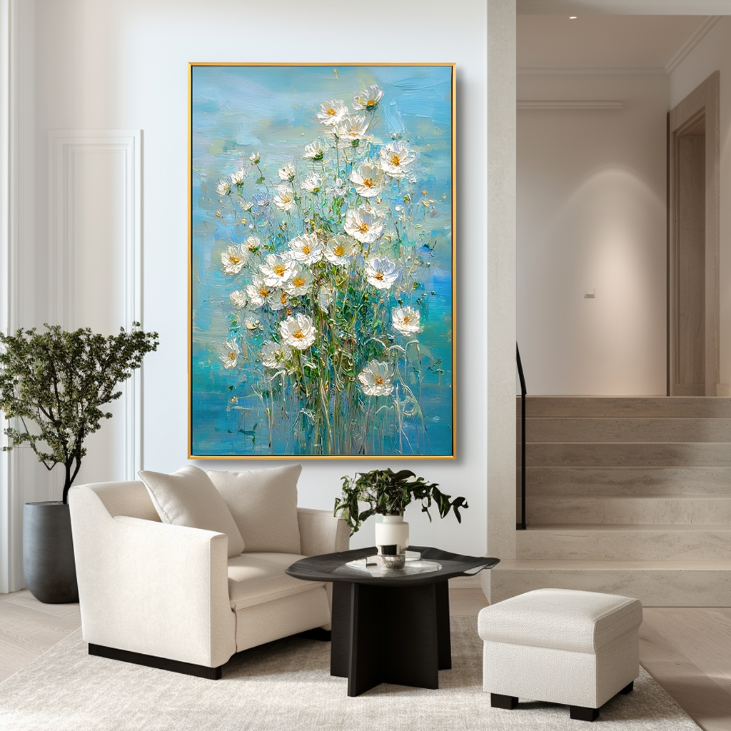 Sky Blossom – Textured Floral Wall Art, Hand-Painted White Flower Canvas for Modern Home Decor