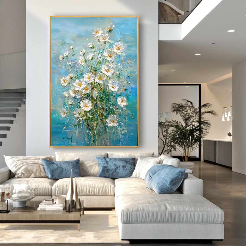 Sky Blossom โ Textured Floral Wall Art, Hand-Painted White Flower Canvas for Modern Home Decor