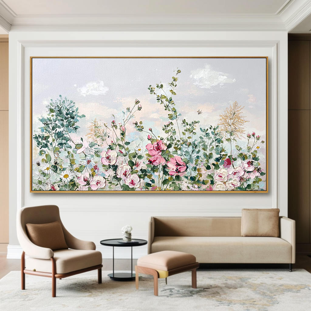 Floral Bliss – Textured Oil Painting, Soft Pink Floral Wall Art, Abstract Flower Design for Living Room, Fine Art Home Decor