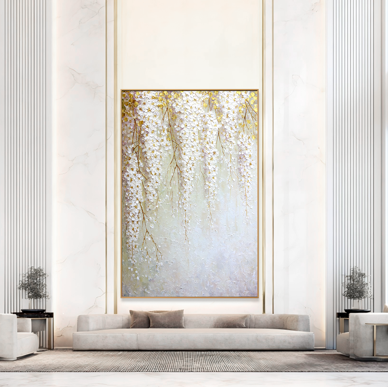 Golden Blossom Cascade – Textured White Floral Oil Painting