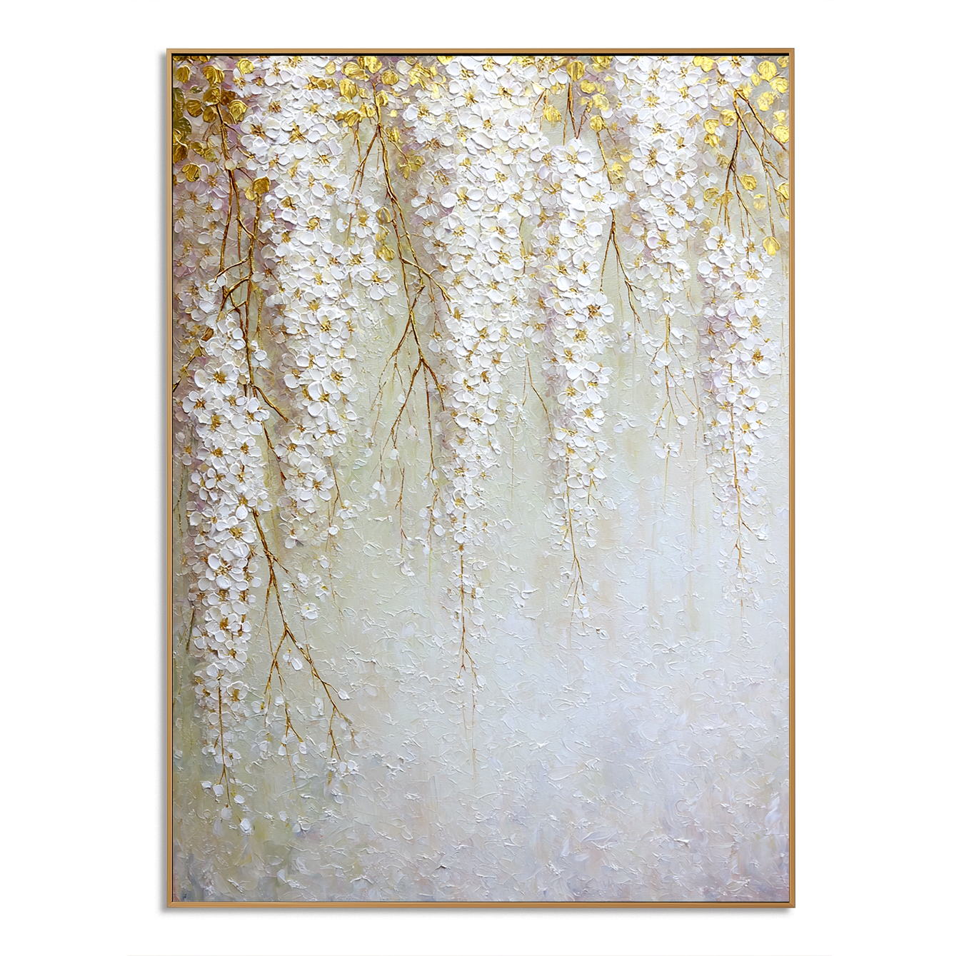 Golden Blossom Cascade – Textured White Floral Oil Painting