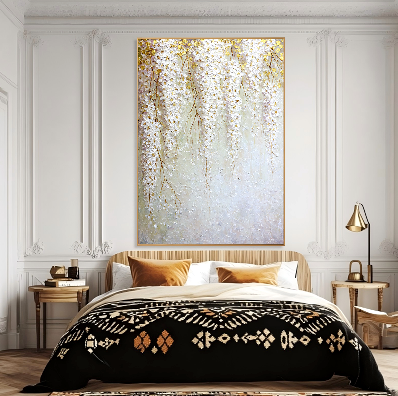 Golden Blossom Cascade – Textured White Floral Oil Painting