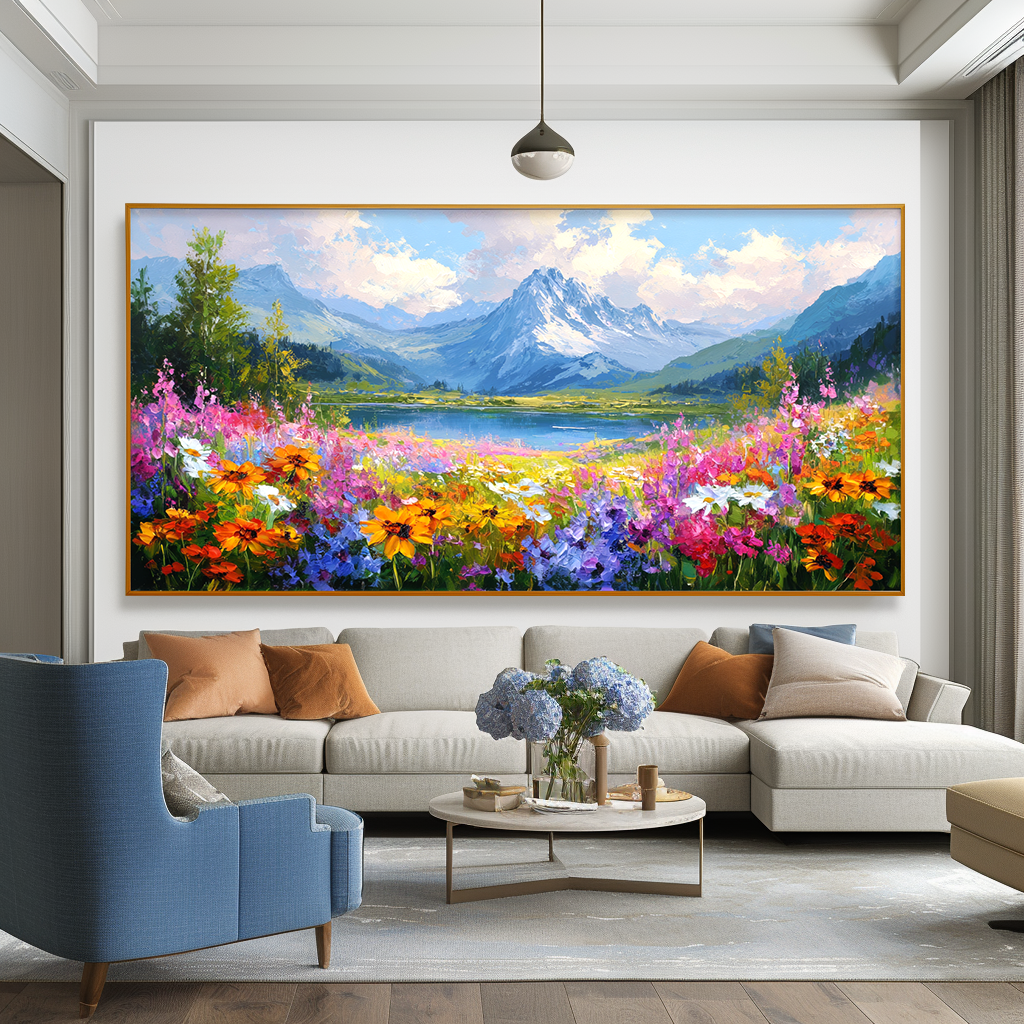 Alpine Bloom Horizon - Panoramic Mountain Lake Flower Field Oil Painting