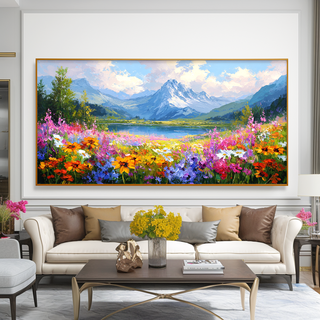Alpine Bloom Horizon - Panoramic Mountain Lake Flower Field Oil Painting