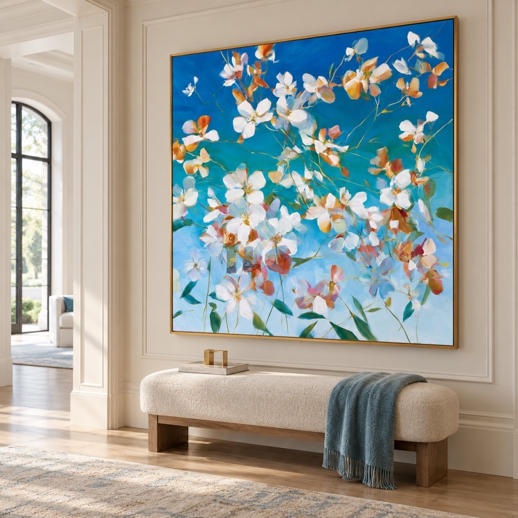 Azure Blossom Reverie – Blue and White Floral Abstract Wall Art