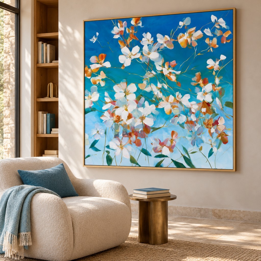 Azure Blossom Reverie – Blue and White Floral Abstract Wall Art