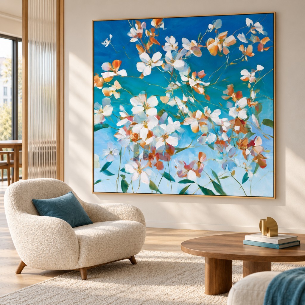 Azure Blossom Reverie – Blue and White Floral Abstract Wall Art