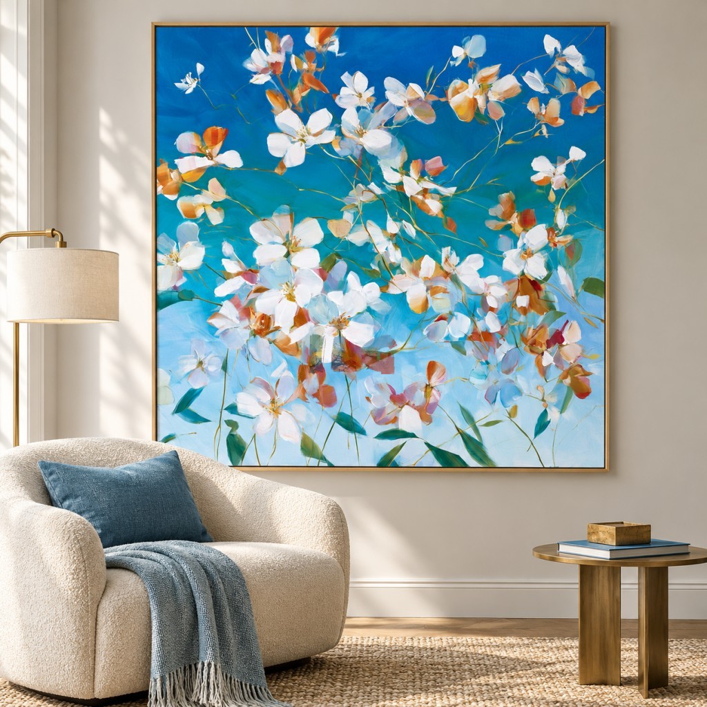 Azure Blossom Reverie – Blue and White Floral Abstract Wall Art