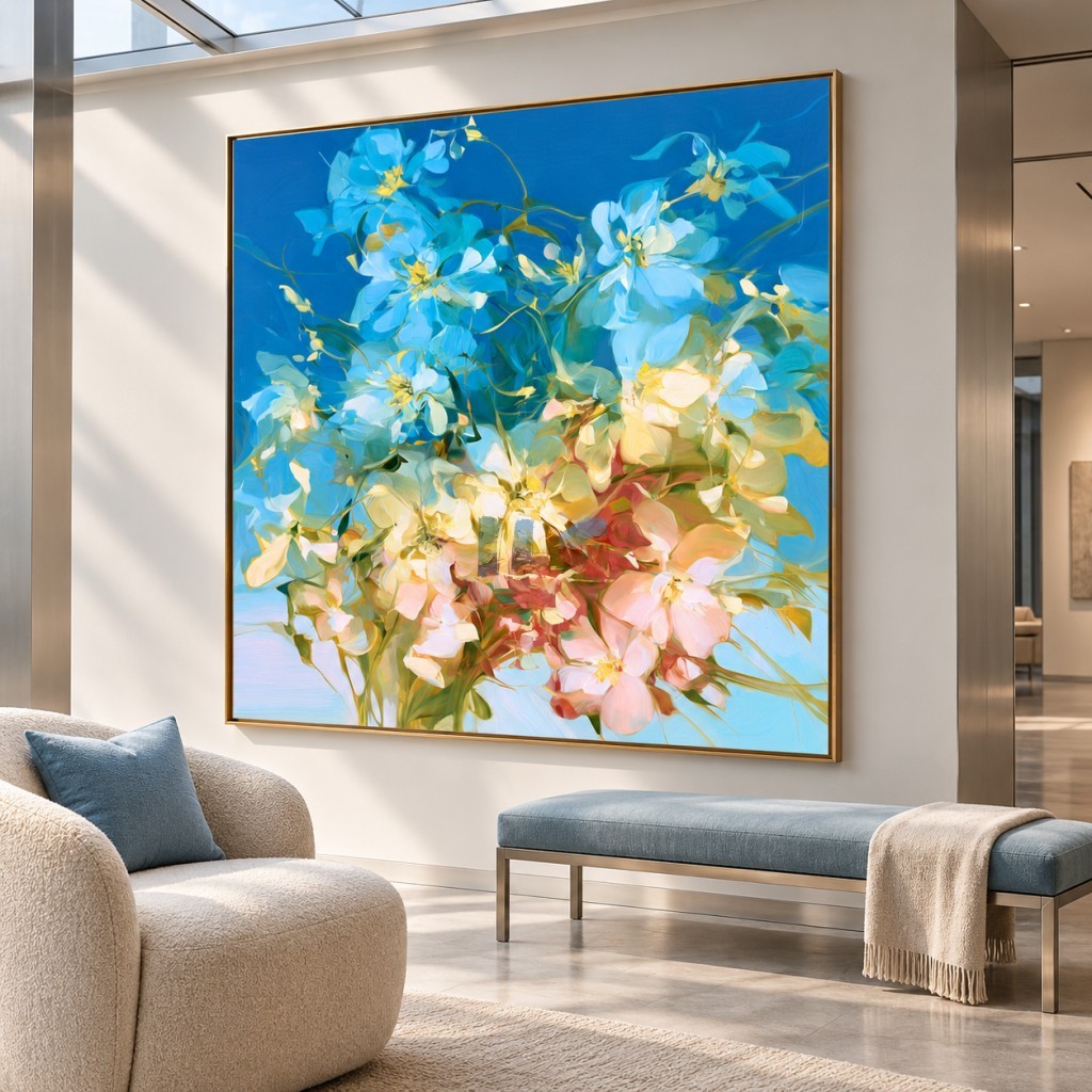 Azure Petal Symphony – Blue and Blush Pink Floral Abstract Wall Art