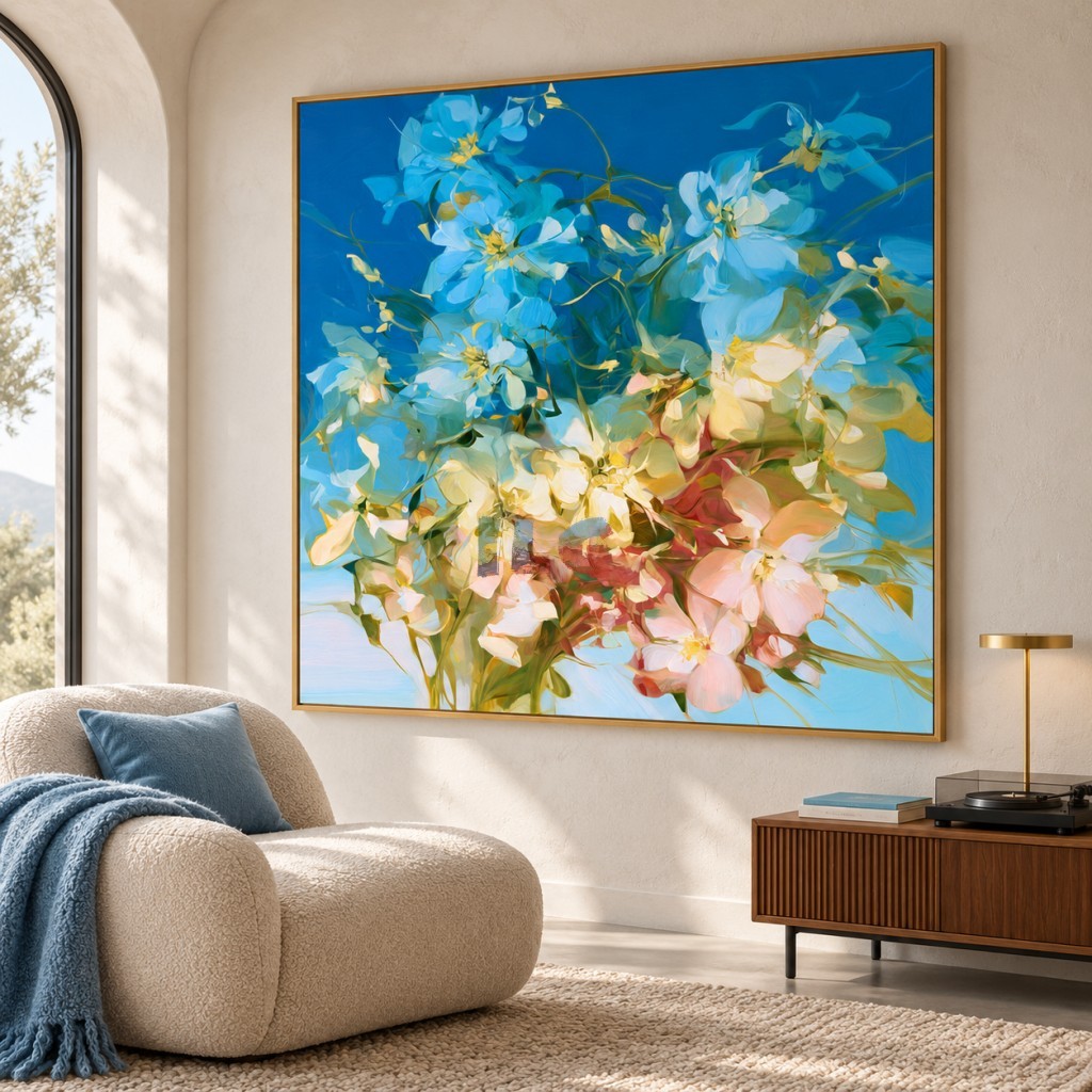 Azure Petal Symphony – Blue and Blush Pink Floral Abstract Wall Art
