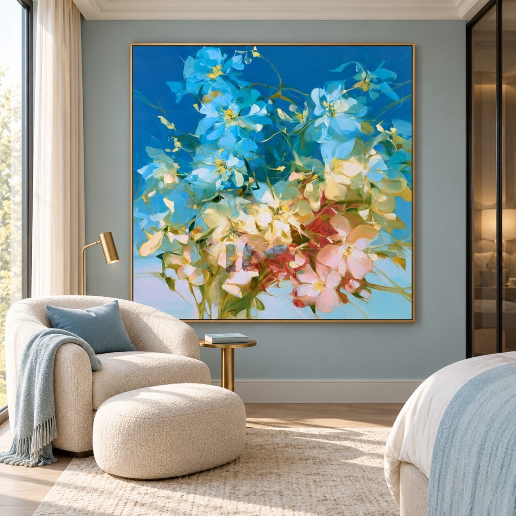 Azure Petal Symphony – Blue and Blush Pink Floral Abstract Wall Art