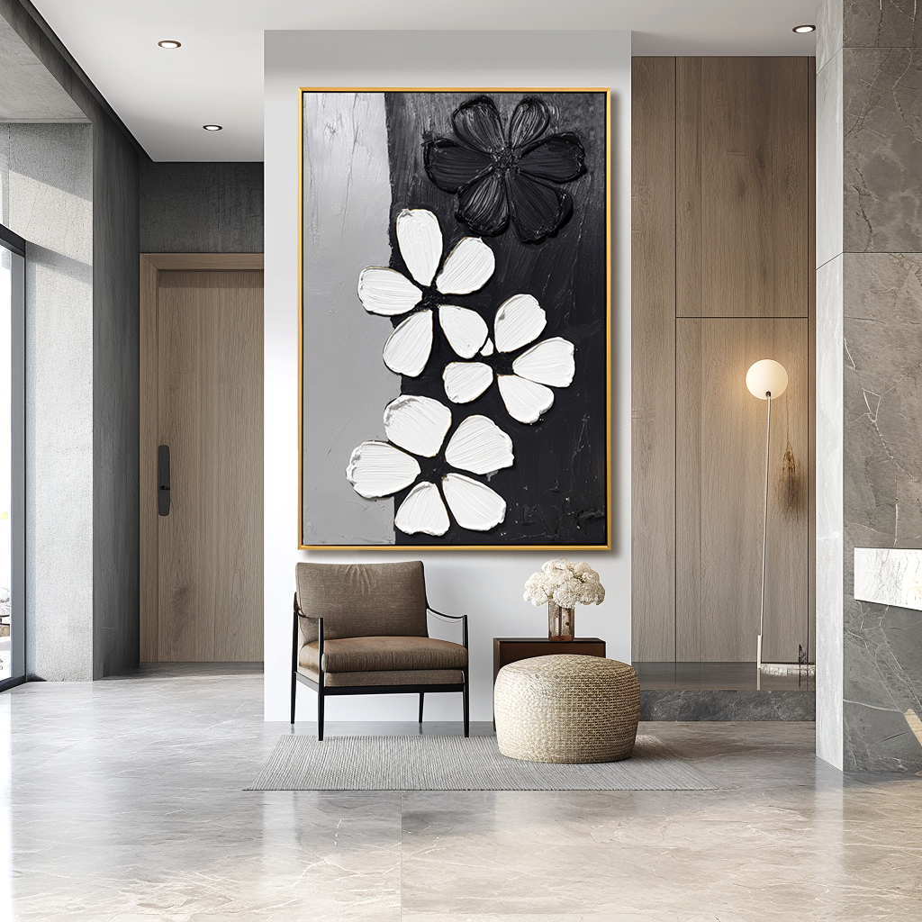 Black White Textured Flower Wall Art – Hand-Painted Minimalist Floral Canvas for Modern Decor