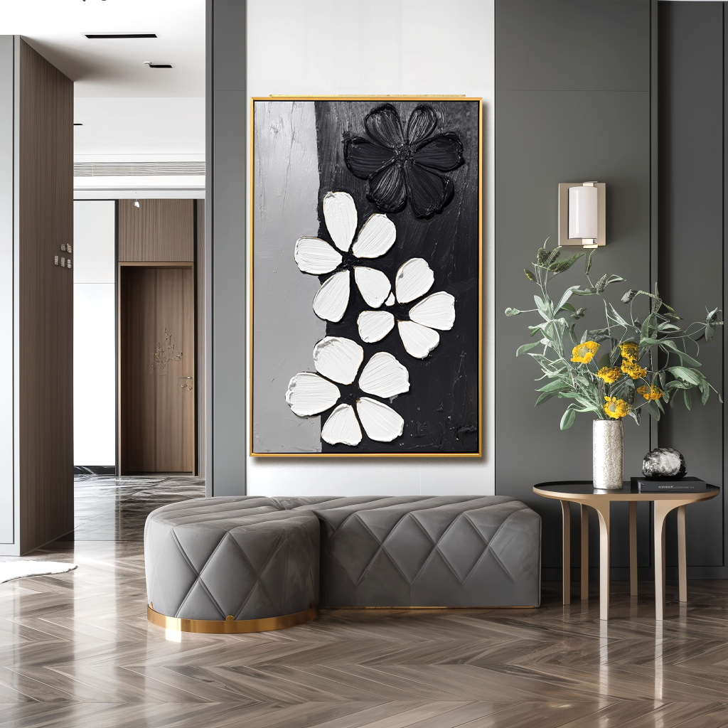 Black White Textured Flower Wall Art – Hand-Painted Minimalist Floral Canvas for Modern Decor