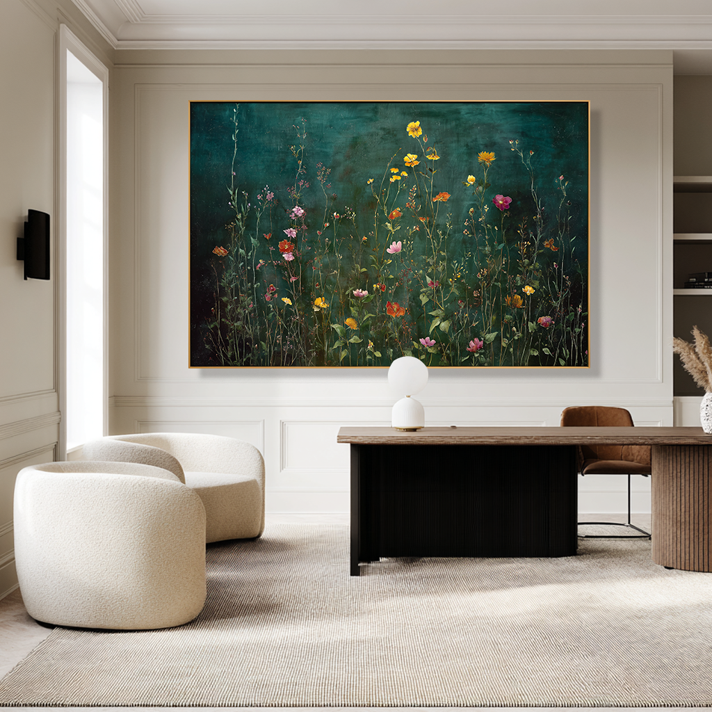 Emerald Meadow Horizon Panoramic Floral Wall Art Hand Painted Wildflower Canvas for Living Room