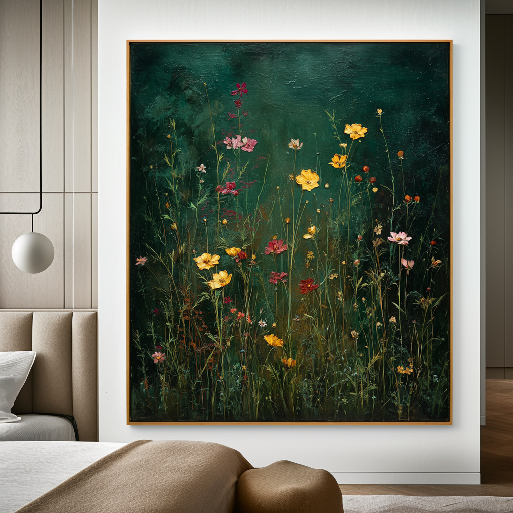 Emerald Stillness โ Textured Floral Wall Art, Hand-Painted Wildflower Canvas for Modern Home Decor