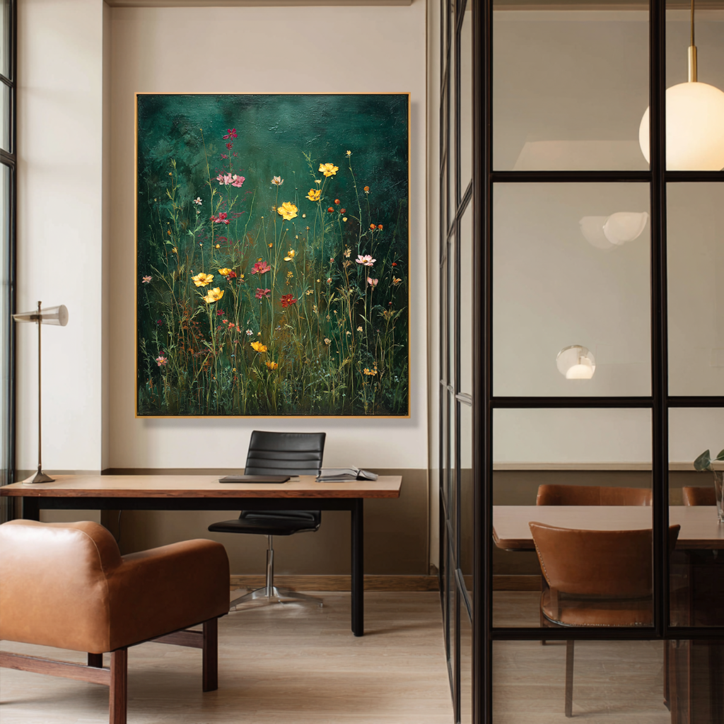 Emerald Stillness โ Textured Floral Wall Art, Hand-Painted Wildflower Canvas for Modern Home Decor