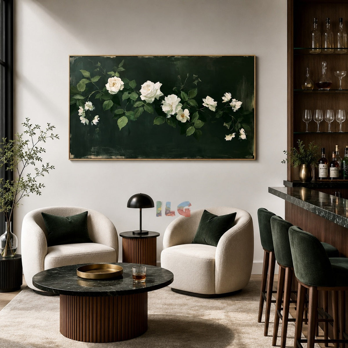 Emerald White Rose Trail – Floral Wall Art