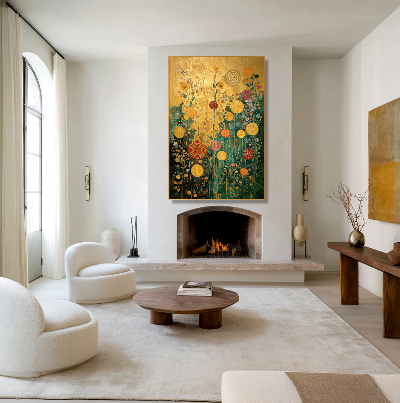 Golden Circles โ Textured Floral Wall Art, Hand-Painted Gold and Green Canvas for Luxury Home Decor