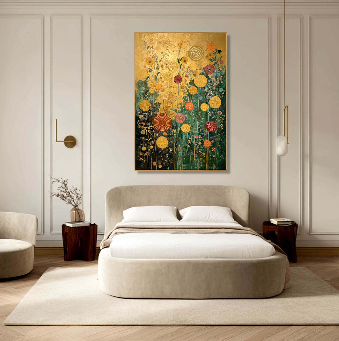 Golden Circles โ Textured Floral Wall Art, Hand-Painted Gold and Green Canvas for Luxury Home Decor